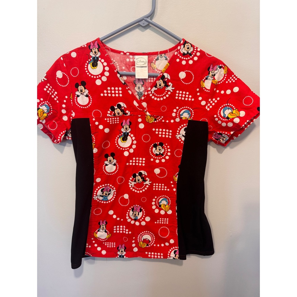 Disney Mickey Minnie Mouse Scrub Top XS Red Black Medical Nurse Uniform